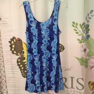 🛍️Hawaiian 2000s Blue Tribal Hibiscus Sleeveless Mini Dress ~ Size Medium